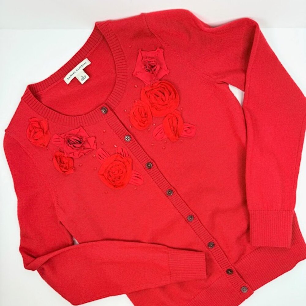 Banana Republic Fancy Red Cardigan with Fabric Florals and Crystal Detail